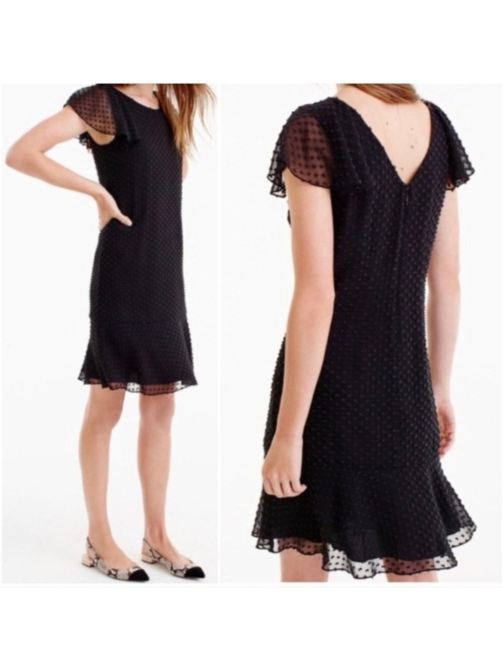 J.Crew Black Clip Dot Flutter Sleeve Silk Dress Size 4 Flirty F6949